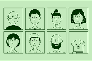 A graphic of 8 different faces on a pale green background