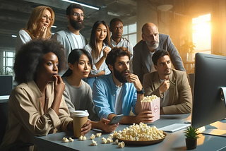 A group of men and women are gathered around a computer screen, eating popcorn and watching a video. They are in an office.