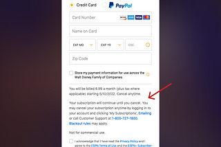 Screenshot of a subscription sign-up form on the ESPN website, highlighting language about how to cancel it.