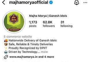 A screenshot of the verified Majha Morya Instagram profile, displaying the blue verification badge. This signifies the authenticity of the brand and its official presence on the platform.