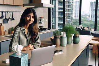 Maya researching the best herbs for allergies on her laptop in her urban apartment.