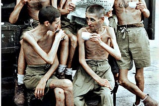 British soldiers after their release from Japanese captivity in Singapore, 1945