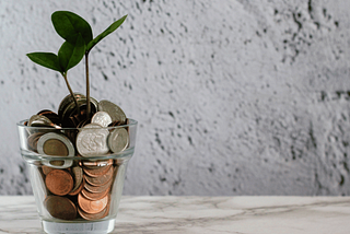 A plant grows out of a jar full of coins