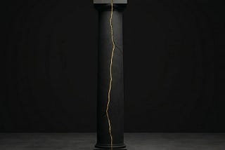 A broken black structural pillar rejoined with a single seam of gold, representing scar tissue as the authority behind Sovereign Leadership Architecture.