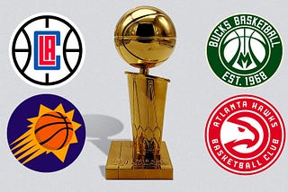The logos of the Los Angeles Clippers, the Phoenix Suns, the Milwaukee Bucks, and the Atlanta Hawks surrounding the NBA championship trophy