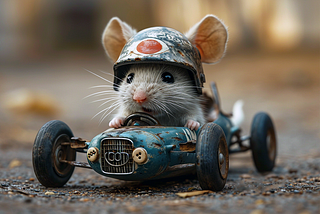AI generated image of a mouse with a crash helmet in a tiny antique race car