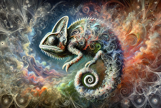 An abstract, surreal AI form made of swirling fractals and translucent textures dissolves into a dreamlike digital landscape of neural patterns, glowing streams, and symbolic human masks.