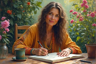 Older woman sitting at a table writing in a book with plants around her and a cup of coffee sitting in front of her