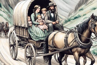 A family of five in a one-horse covered wagon on their way to Bodie, CA in the 1870s.