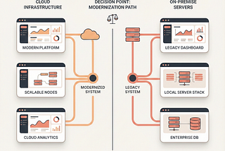 Cloud vs on-premise legacy system modernization architecture comparison showing enterprise cloud infrastructure and local servers connected with data flows.