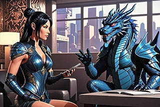 Debbie and the dragon, ©none, image AI generated in Draw Things (Mac app)