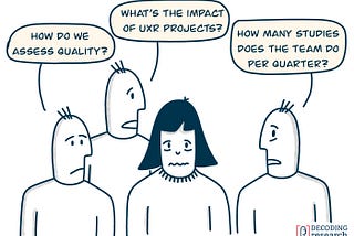 The researcher looking overwhelmed with the manager's questions: how do we assess quality? What's the impact of UXR projects? how many research studies does the team do per quarter?