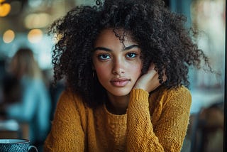A beautiful woman of color on a contemplative coffee break.