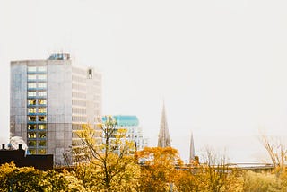 A woman sitting on grass with urban profile of downtown as her backdrop