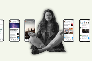 A woman with curly hair, glasses, and headphones sits cross-legged in meditation, a row of screenshots from Twitter/X behind her.