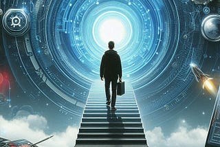 A man ascends the stairs with a briefcase, stepping into the future.