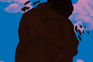 The cover for A Visitor Who Belongs Here. A black woman sits in a blue sky, surrounded by pink clouds.
