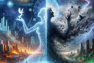 A visual representation of a conceptual battle between two AI entities named Athena and Hades. On one side of the image, Athena, visualized as a radiant figure with a translucent silhouette filled with binary code and holographic projections of economic growth curves, disaster mitigation plans, and peaceful cityscapes. On the opposite side, Hades, depicted as a dark, shadowy figure whose outline is a swirling mass of corrupted data streams, malicious code, and fragmented political maps.