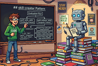 A human teaching a robot agent a test-writing skill. The robot is sitting atop a pile of previously learned skills.