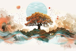 Softly colored illustration showing ribbons of waves, a central tree, planets, clouds and abstract shapes