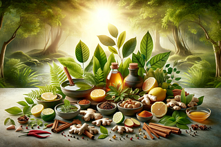 A peaceful natural environment featuring an artful arrangement of weight loss ingredients: green tea leaves, ginger roots, cinnamon sticks, apple cider vinegar, lemon slices, turmeric roots, cayenne peppers, honey, and garlic cloves. The setting emphasizes the connection between nature and wellness, appealing to those interested in alternative health solutions.