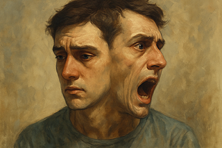 Illustration of a man showing two contrasting facial expressions — calm and distressed — symbolizing the duality of mind in schizophrenia.