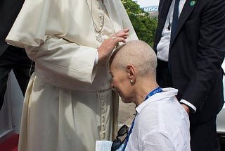 Martha Serra Mohr being blessed by Pope Francis on a Catholic pilgrimage after receiving a phone call from Joe Biden