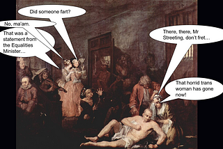 Scene from Rakes Progress by Hogarth, in the madhouse. A well-to-do woman has come to visit. In the foreground, a naked man lies forlornly on the floor.