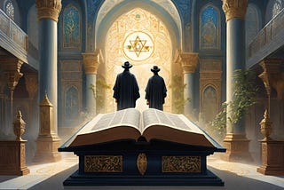 Jewish synagogue, the Torah in the foreground and two Jewish men gazing at the Star of david in the distance.