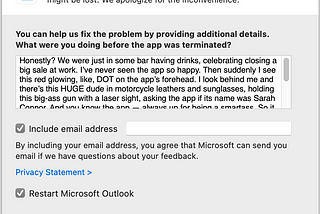 Screen capture of a Microsoft Error Reporting form, saying “What were you doing before the app was terminated?”