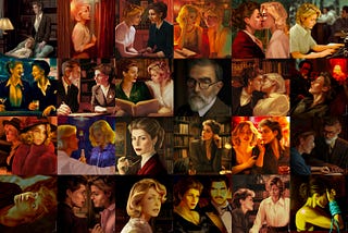 Collage of 24 digital paintings of characters used as covers for the serial novel Secrets of the Velvet Trap.