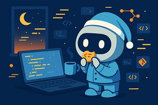A cute blue robot wearing a winter hat sits at a laptop computer, holding a steaming mug of coffee. The scene shows a cozy nighttime coding environment with a crescent moon visible through a window, floating code symbols, and warm golden code displayed on the laptop screen.