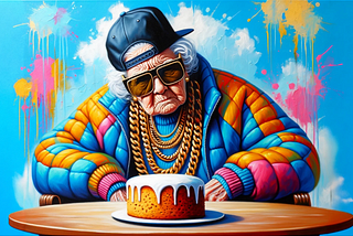 An elderly lady in colourful hip hop attire with a cake.