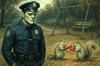 Police Officer Frankenstein in the park with boxing squirrels.