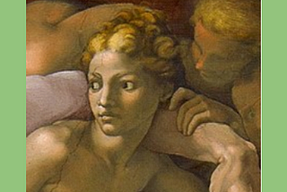 Detail of Eve from Michelangelo’s fresco The Creation of Adam. In the nook of God’s arm, Eve, with golden hair atop her head, looks cautiously to her right.