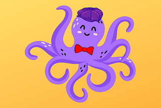 Purple cartoon octopus wearing flat cap and red bowtie