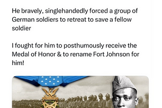 A post from Senator Schumer with a link to an article showing Sgt. Henry Johnson reads: “Albany’s Sgt. Henry Johnson was a Harlem Hellfighter & WWI hero. He bravely, singlehandedly forced a group of German soldiers to retreat to save a fellow soldier. I fought for him to posthumously receive the Medal of Honor & to rename Fort Johnson for him!”