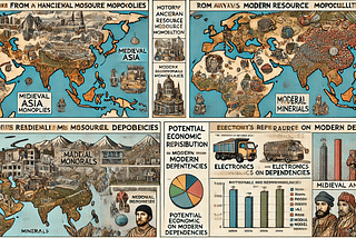 Infographic comparing medieval Asia’s mineral monopolies with modern resource control in the electronics industry, showing the historical continuity of power structures.