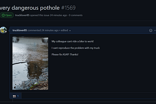 GitHub issue “very dangerous pothole”