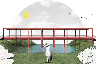 A woman carrying a suitcase, walking towards a red bridge extending over a lake, connecting two grassy hills on a sunny day.
