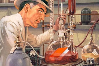 A scientist laboring in an apparatus-filled chemistry laboratory. His head has been replaced with a fedora-topped businessman’s head, a faint sneer on his face. The flask he is peering into contains a floating orange book.