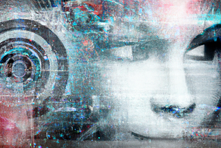 Abstract image showing a face looking to the right and some concentric circles all overlaid with a semi-transparent layer of blurry circuit-like patterns.