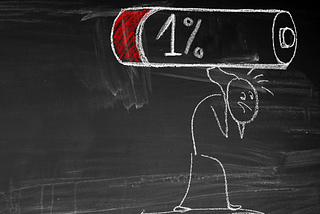A stick figure drawn on a chalkboard with a 1% battery over its head.