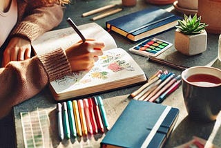 Image of a woman creating a bullet journal with pens and a cup of coffee.