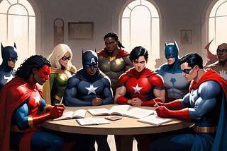 a diverse group of superheroes sit around a table reading books