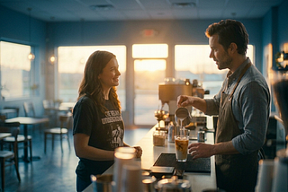 A barista talking to a female customer while making her drink