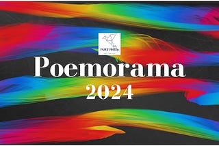 A colourful feathery abstract design on a black background with the label, Poemorama 2024 overlaid in the centre.