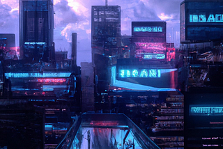 A landscape scene of a Dystopian cityscape with futuristic skyscrapers displaying holographic advertisements