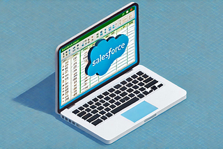Picture of a laptop screen showing an Excel sheet with a Salesforce logo over the the middle.