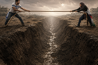 Israeli and Palestinian in a tug of war with a mud ravine in the middle